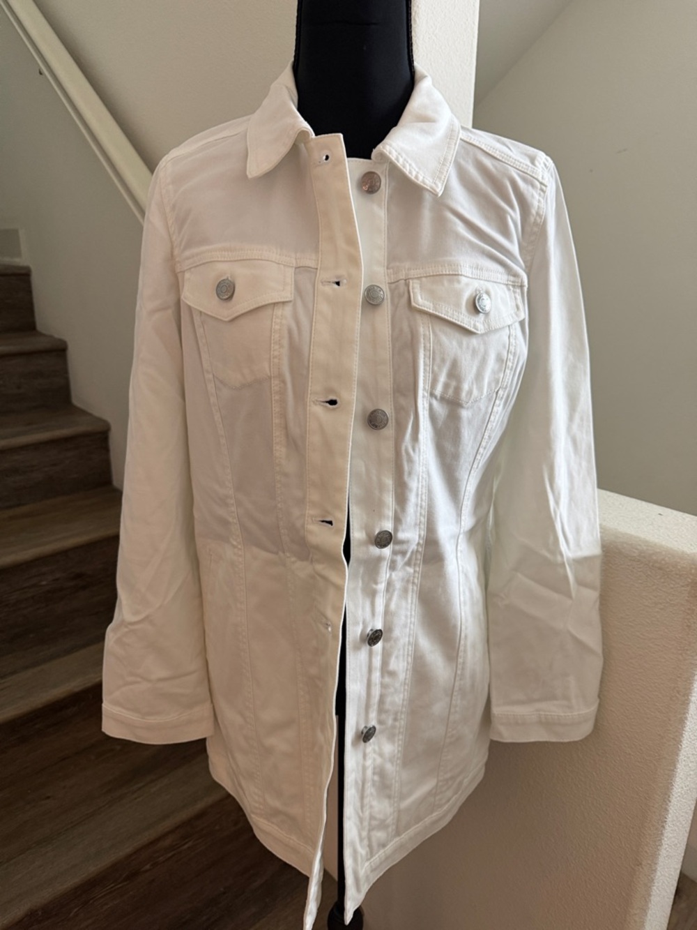 Chico's White Longline Jean Jacket with Button Front.